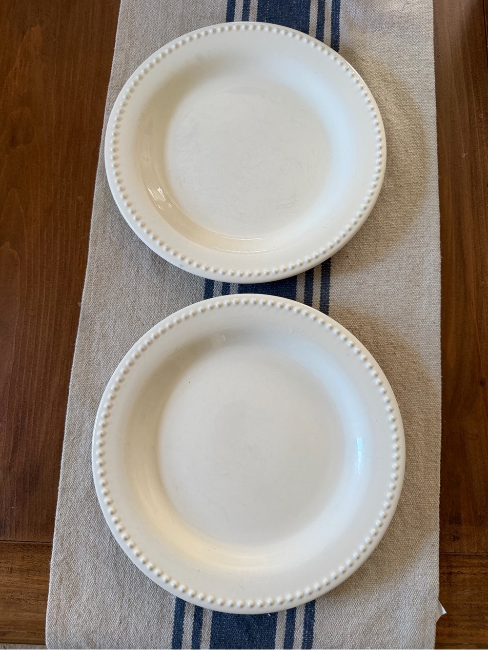 2 Pottery Barn Emma Off White 11 1/8" Beaded Rim Dinner Plates Portugal